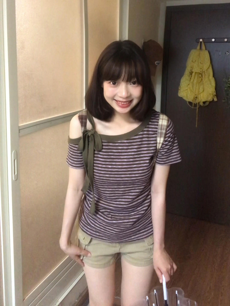 Stripe summer purple tops sloping shoulder strapless T-shirt