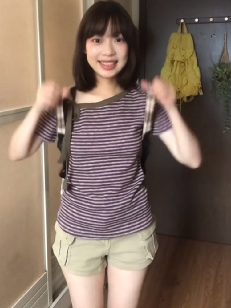 Stripe summer purple tops sloping shoulder strapless T-shirt