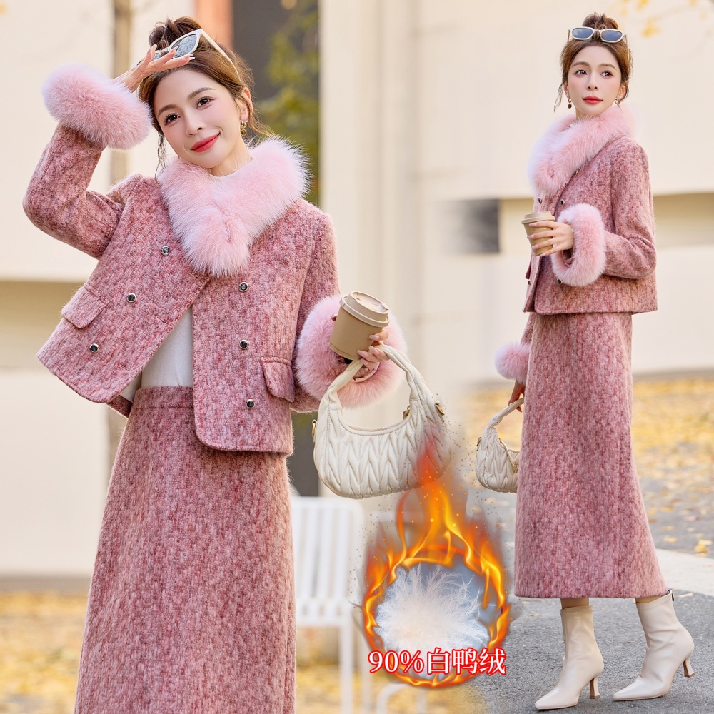 Fox fur chanelstyle long skirt pink winter coat a set
