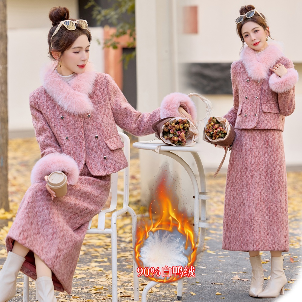 Fox fur chanelstyle long skirt pink winter coat a set