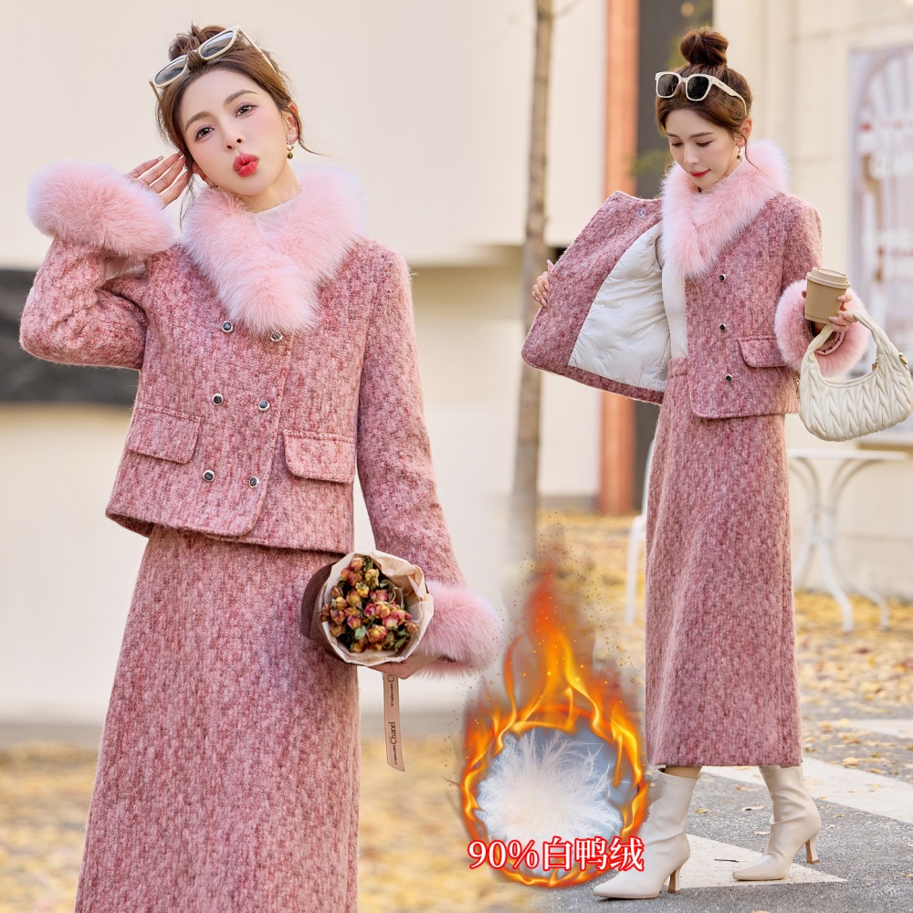 Fox fur chanelstyle long skirt pink winter coat a set