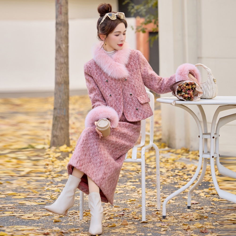Fox fur chanelstyle long skirt pink winter coat a set