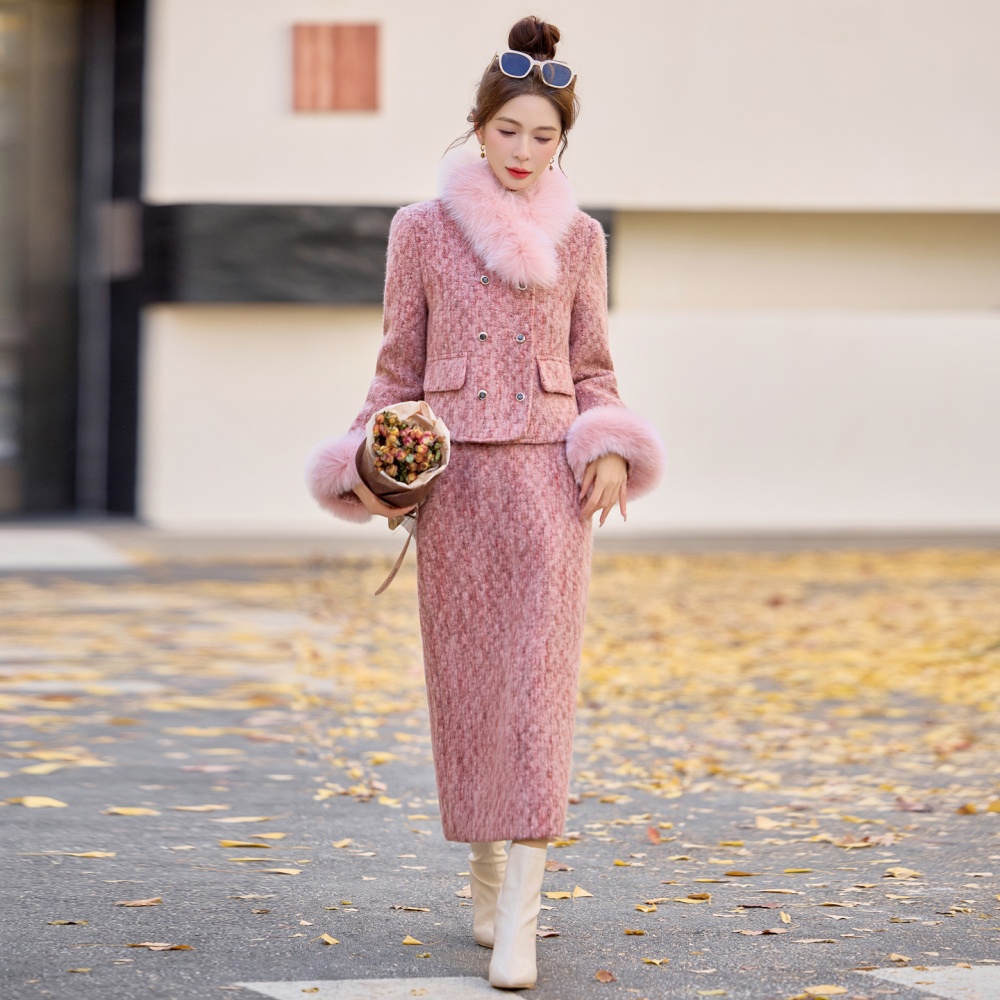 Fox fur chanelstyle long skirt pink winter coat a set
