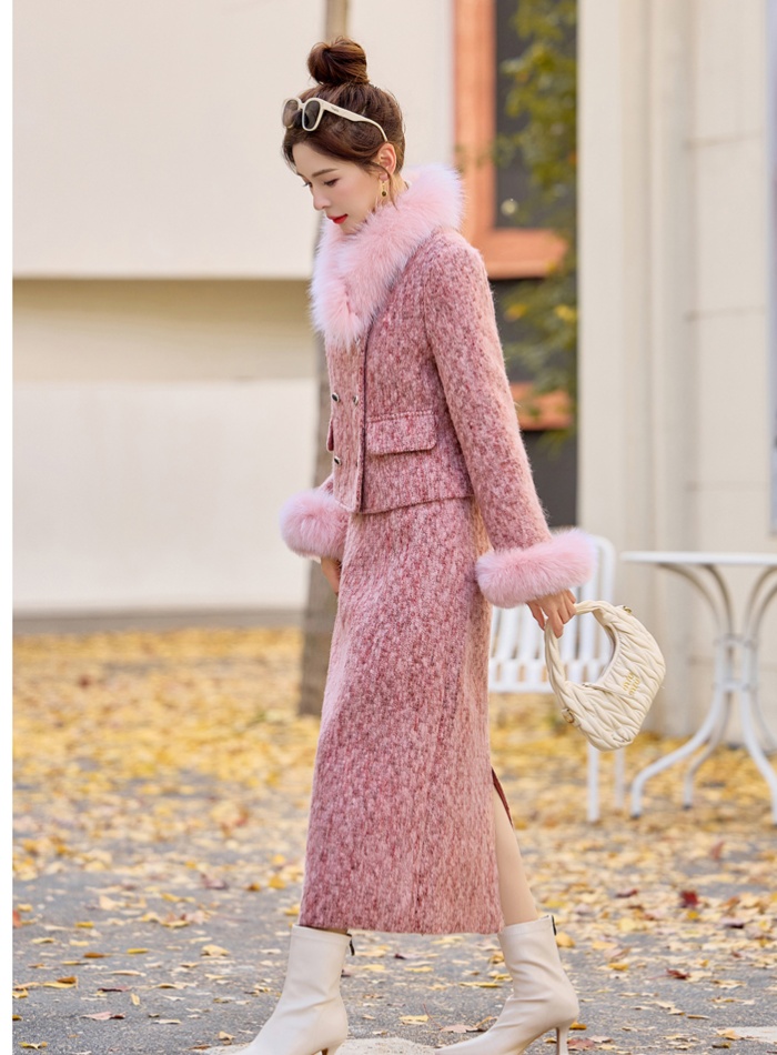 Fox fur chanelstyle long skirt pink winter coat a set