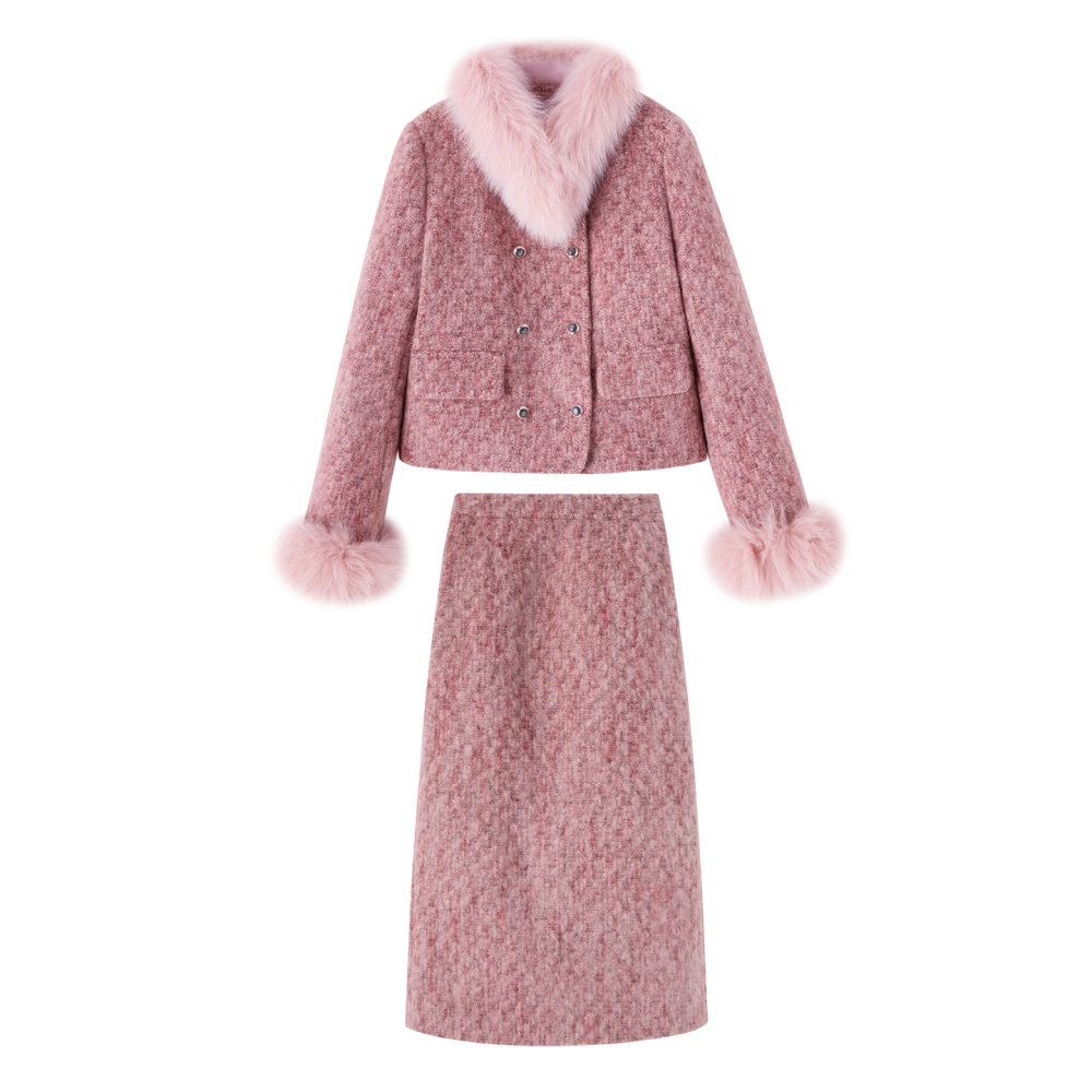 Fox fur chanelstyle long skirt pink winter coat a set