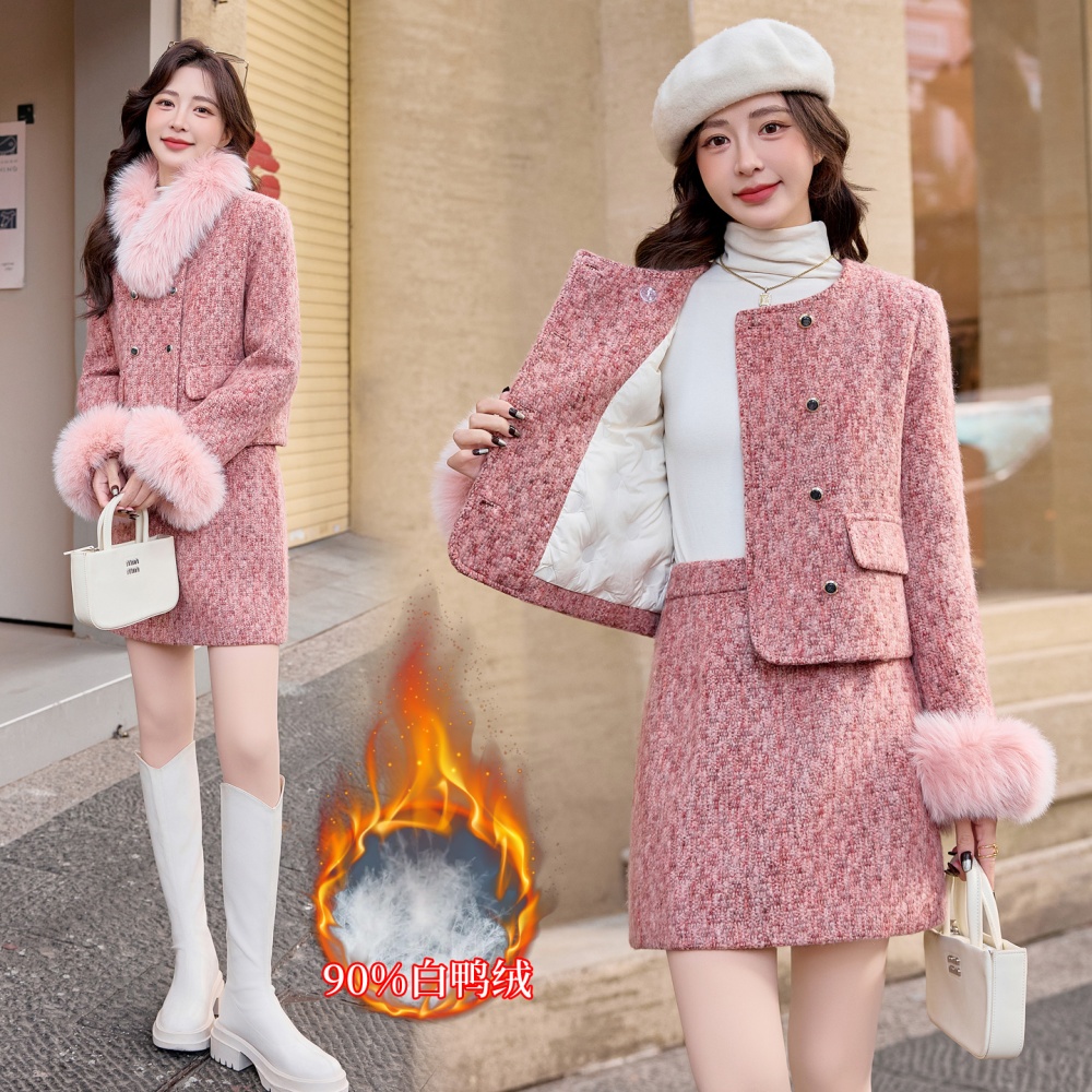 Winter down coat chanelstyle fox fur short skirt a set