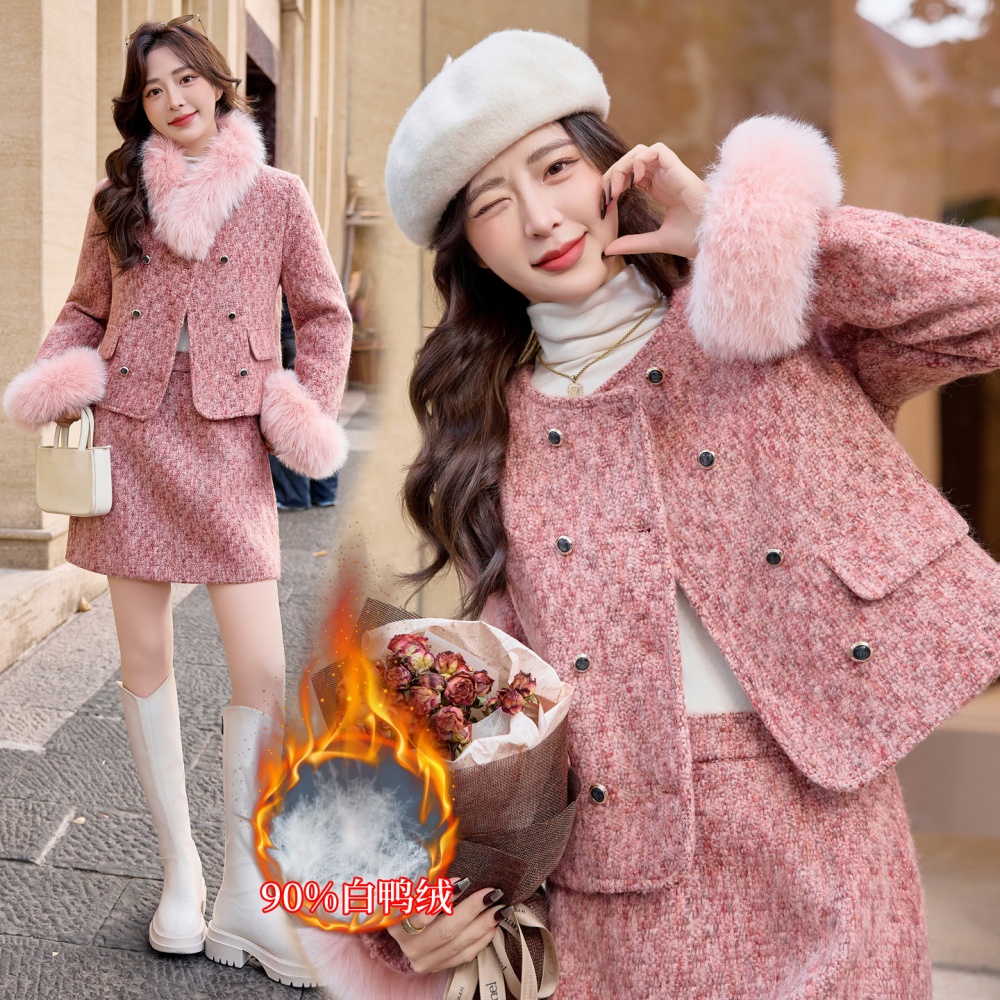 Winter down coat chanelstyle fox fur short skirt a set