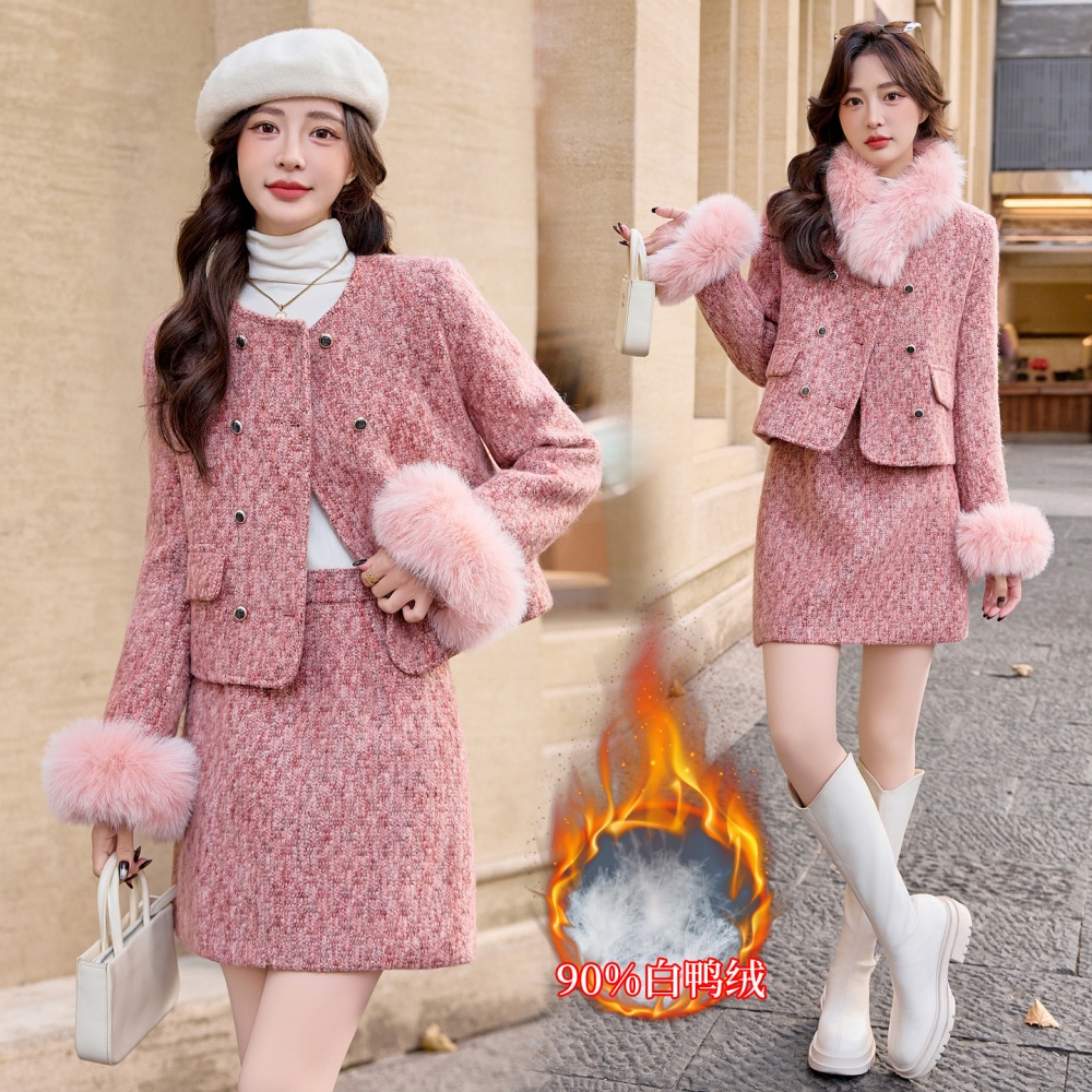 Winter down coat chanelstyle fox fur short skirt a set