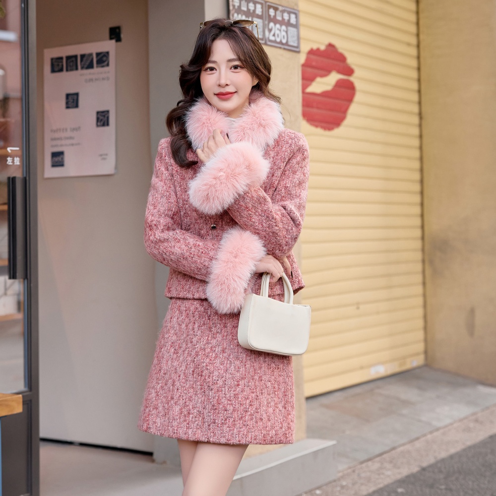 Winter down coat chanelstyle fox fur short skirt a set