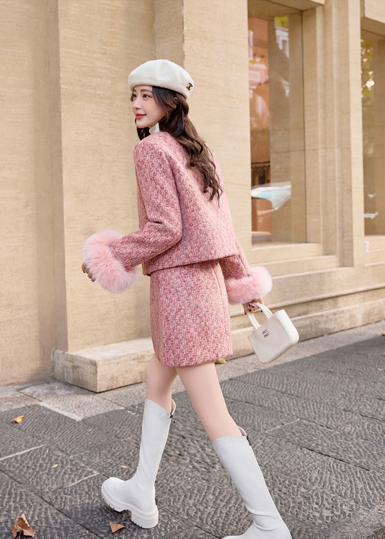 Winter down coat chanelstyle fox fur short skirt a set