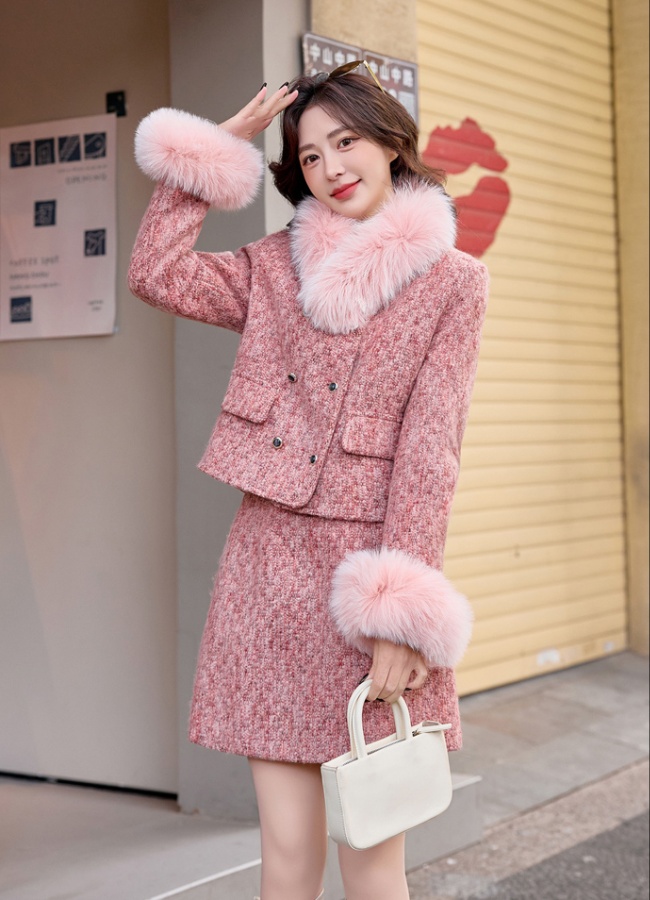 Winter down coat chanelstyle fox fur short skirt a set