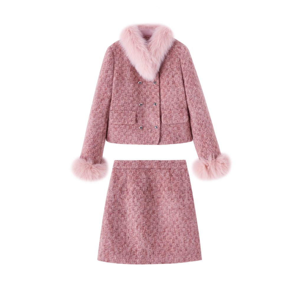 Winter down coat chanelstyle fox fur short skirt a set