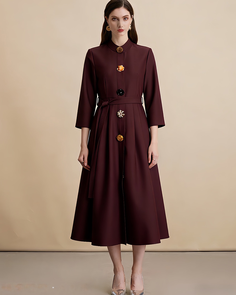 Metal single-breasted commuting cstand collar big skirt dress