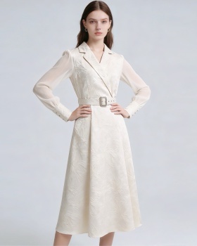 Elegant with belt jacquard long dress court style slim dress