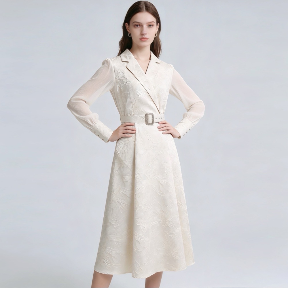 Elegant with belt jacquard long dress court style slim dress