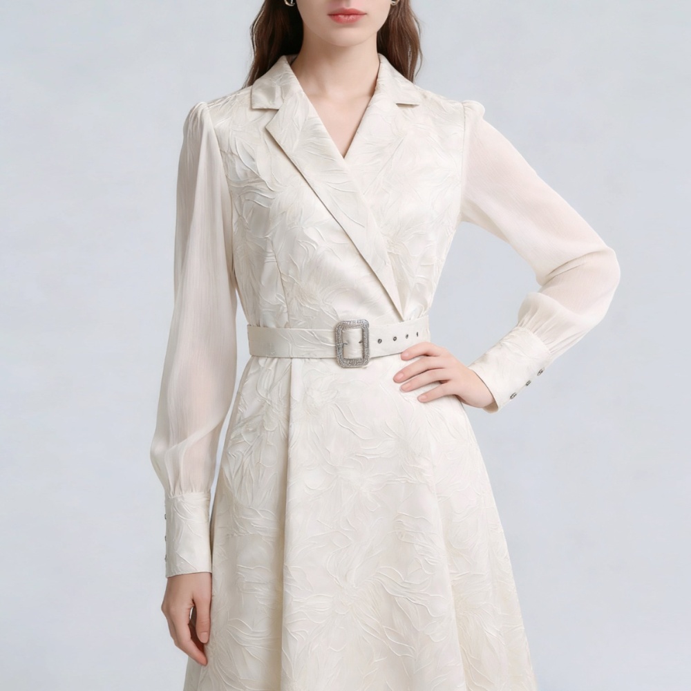 Elegant with belt jacquard long dress court style slim dress
