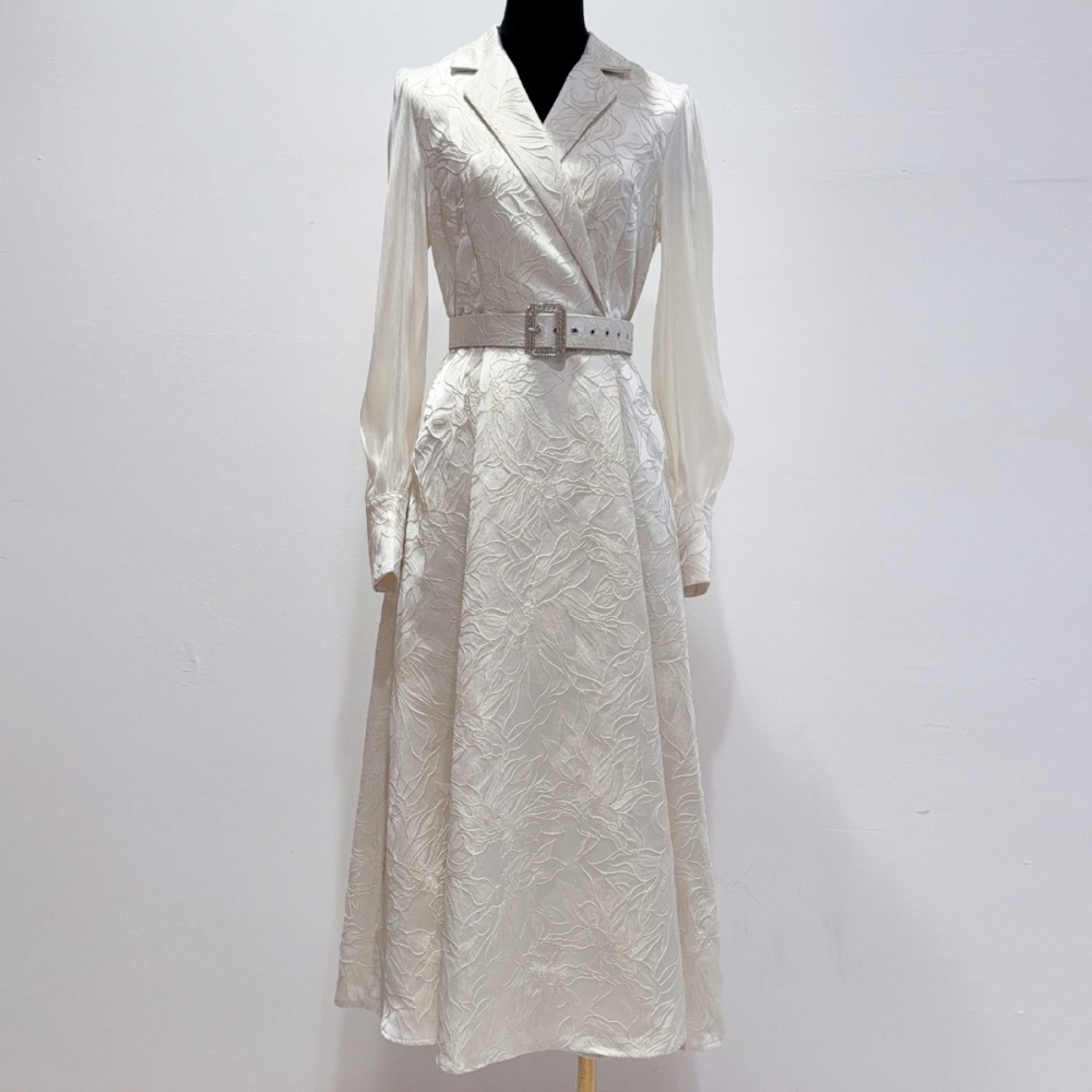 Elegant with belt jacquard long dress court style slim dress