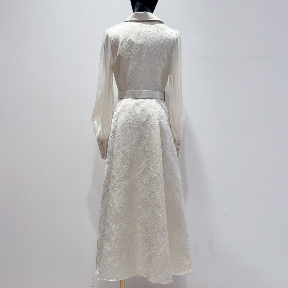 Elegant with belt jacquard long dress court style slim dress