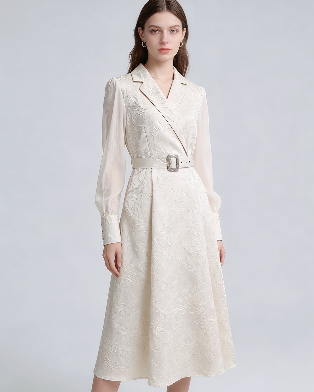 Elegant with belt jacquard long dress court style slim dress
