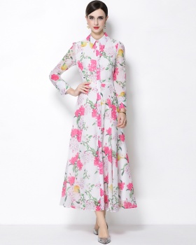 Big skirt printing long sleeve pinched waist dress