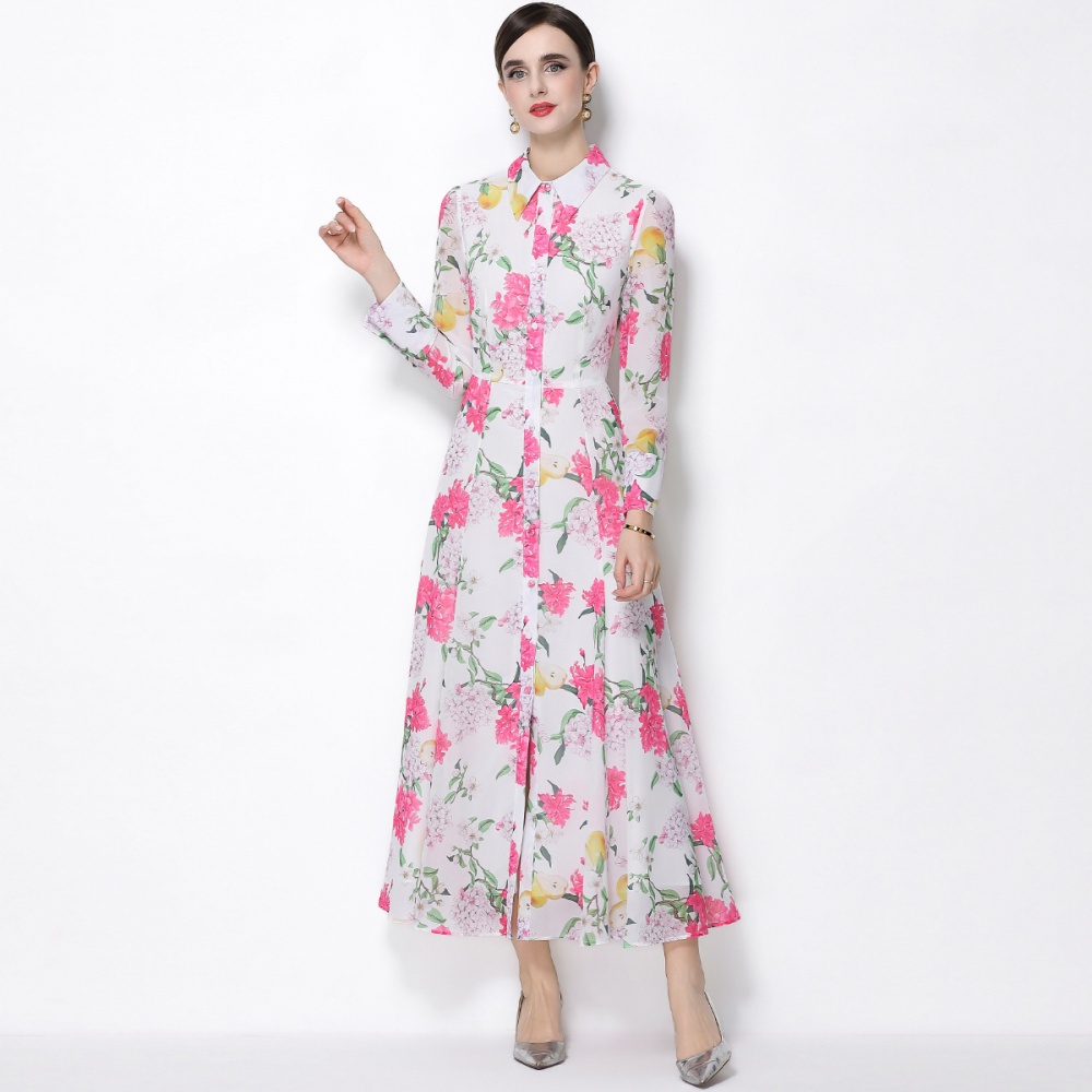 Big skirt printing long sleeve pinched waist dress