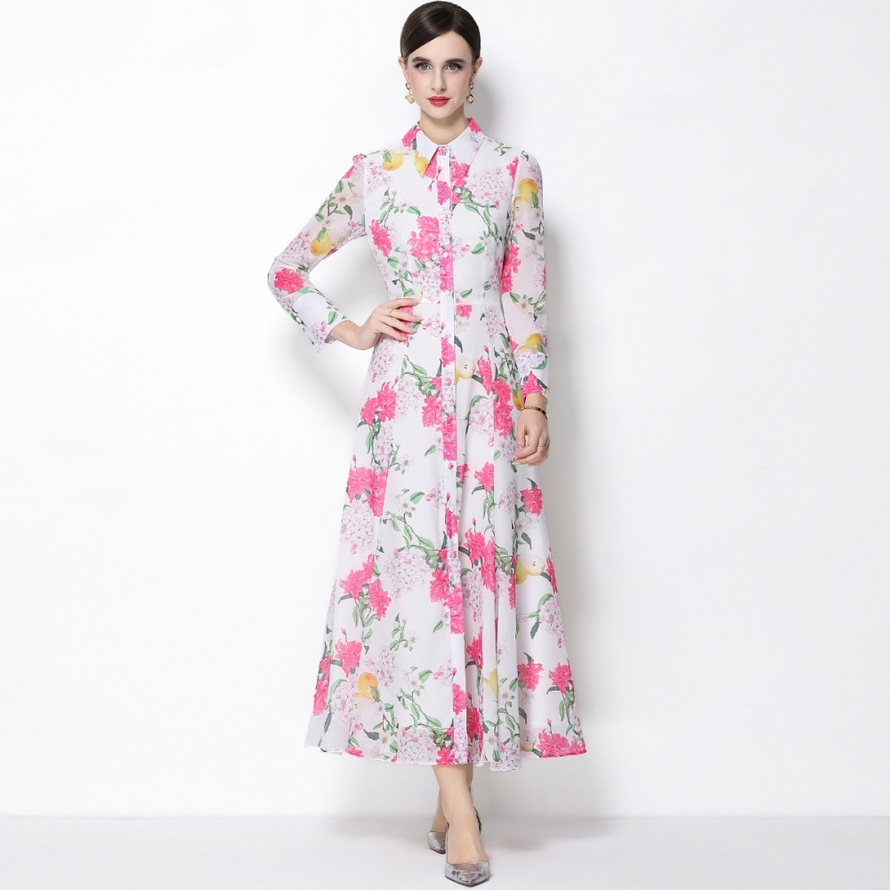 Big skirt printing long sleeve pinched waist dress