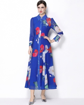Single-breasted printing long sleeve shirt collar dress