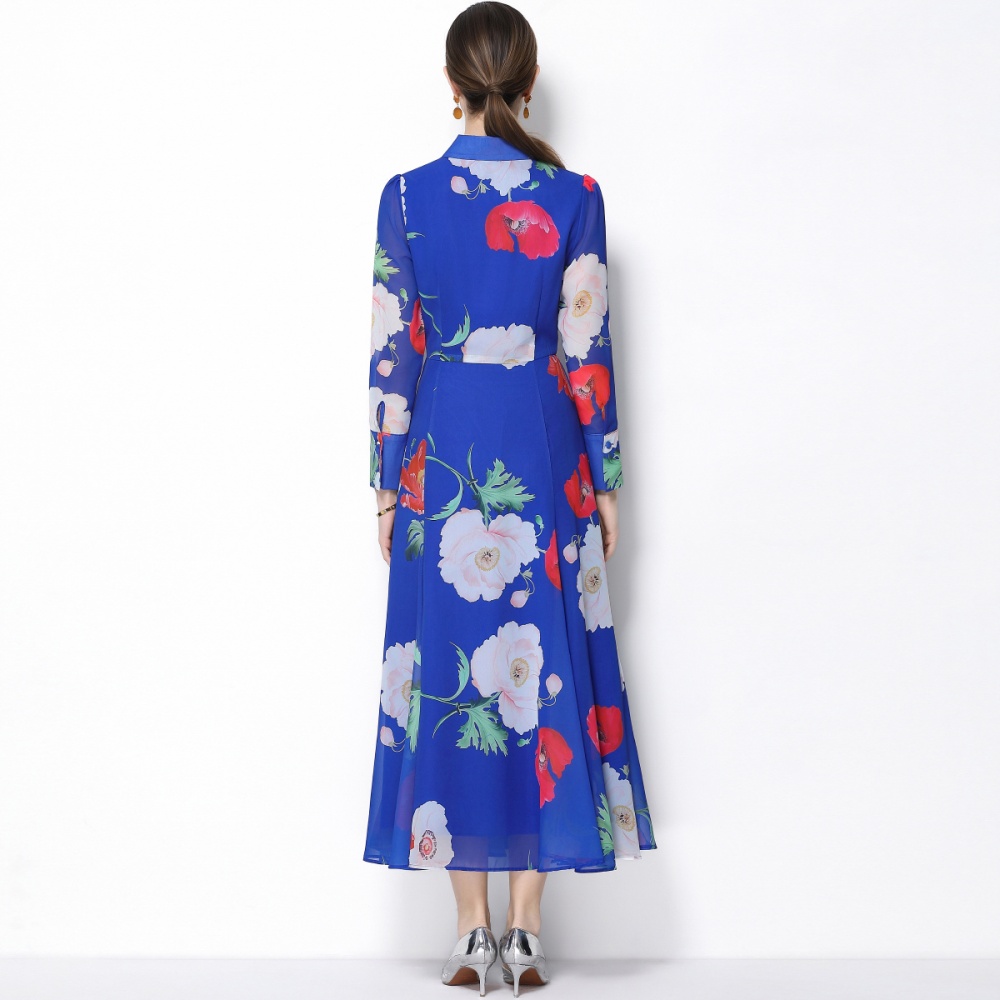 Single-breasted printing long sleeve shirt collar dress