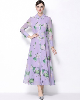 Big skirt long sleeve printing pinched waist dress