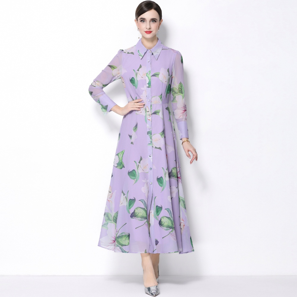 Big skirt long sleeve printing pinched waist dress