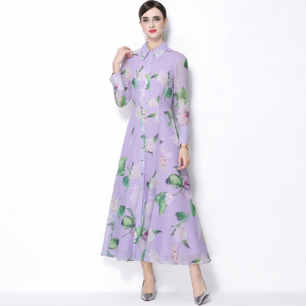 Big skirt long sleeve printing pinched waist dress