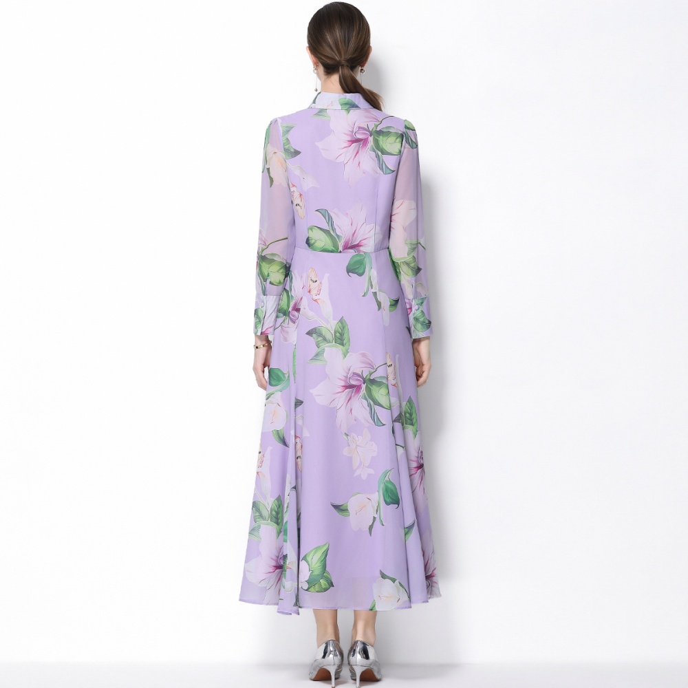 Big skirt long sleeve printing pinched waist dress
