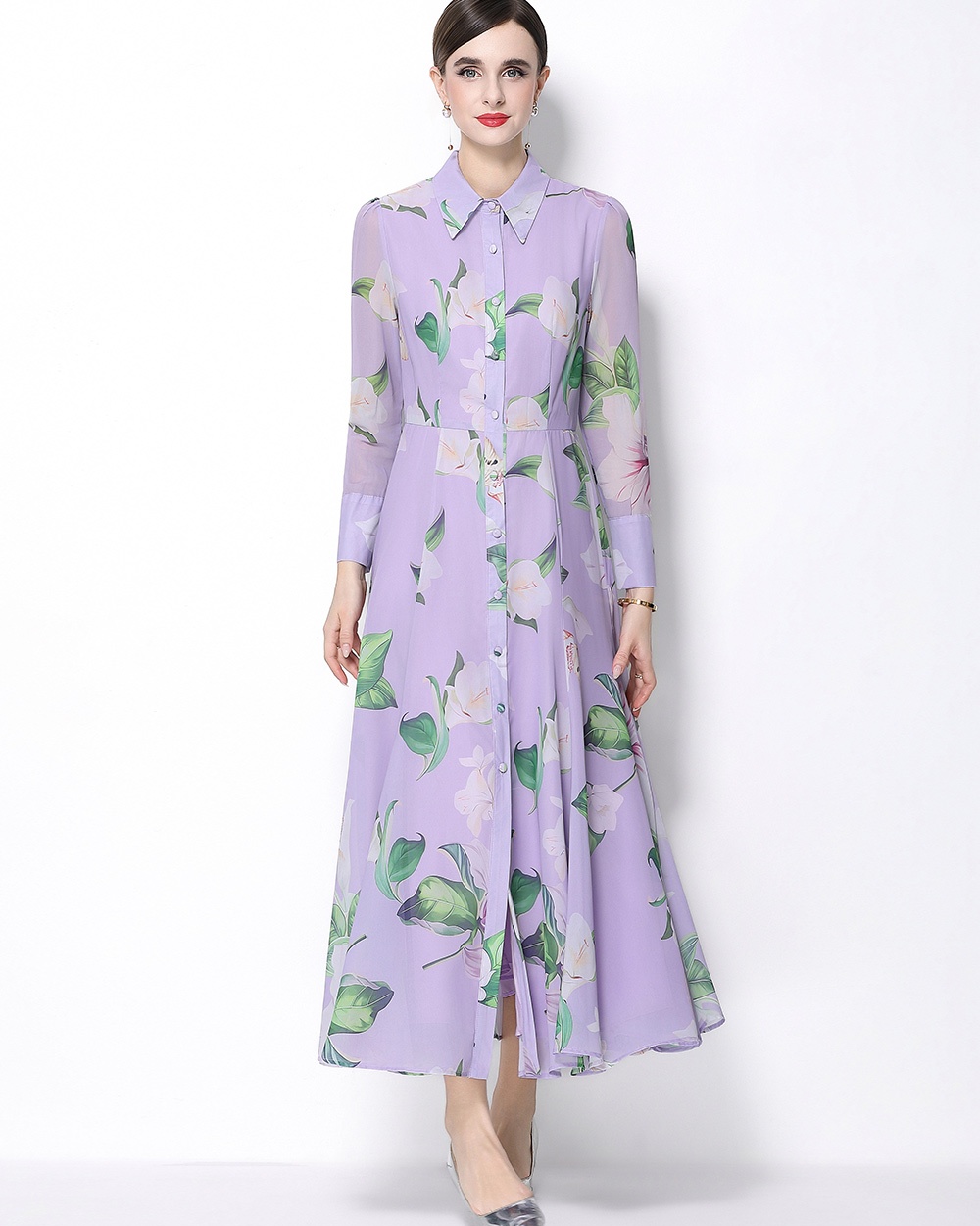 Big skirt long sleeve printing pinched waist dress