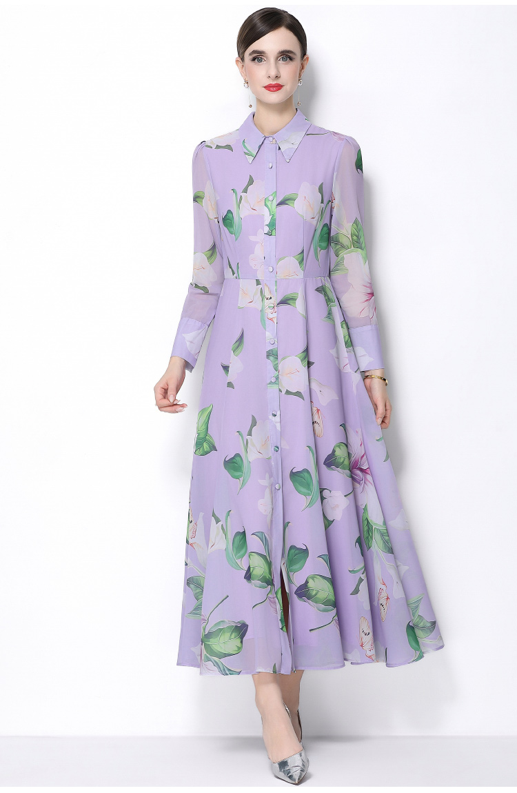 Big skirt long sleeve printing pinched waist dress