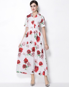 Retro flowers long dress A-line a buckle shirt