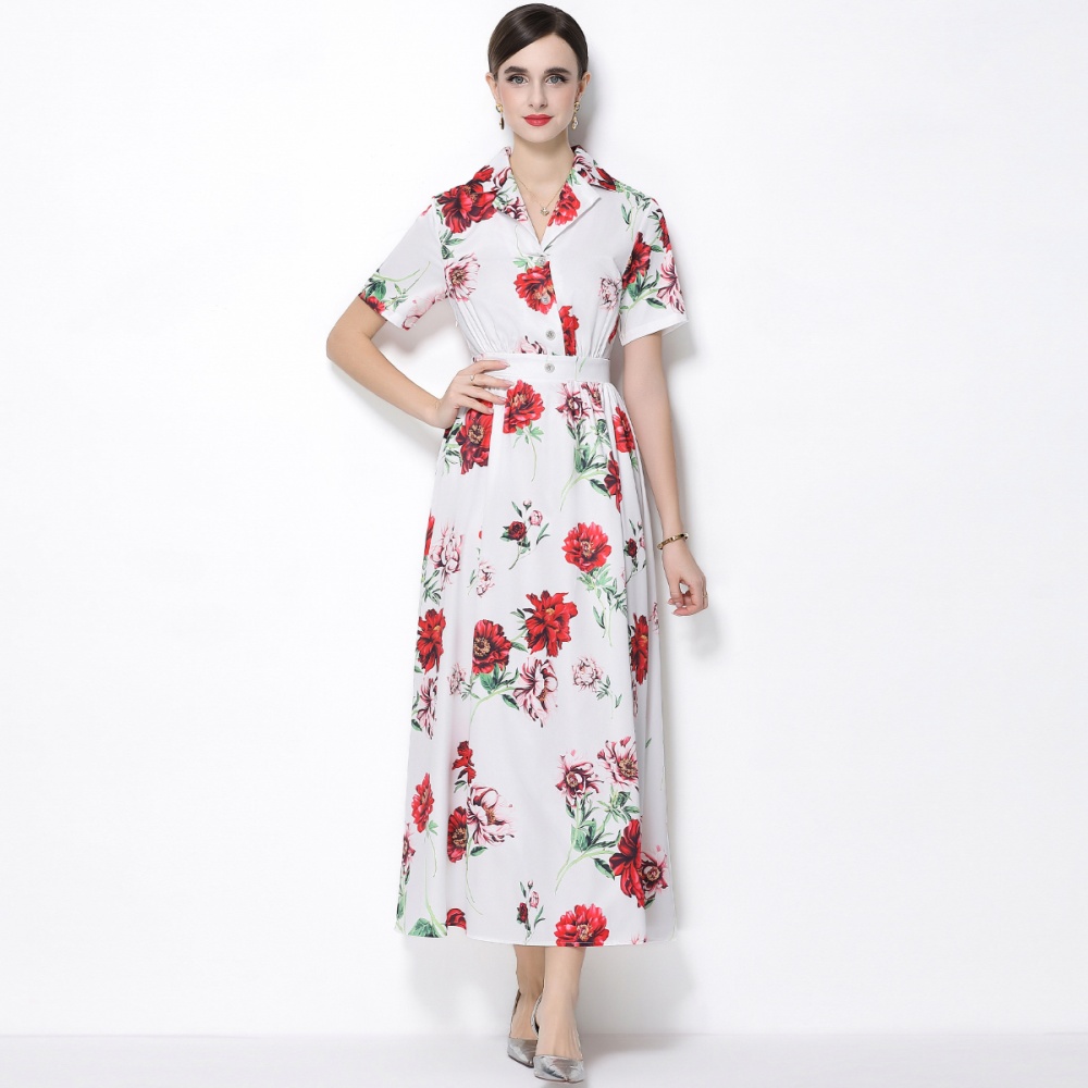 Retro flowers long dress A-line a buckle shirt