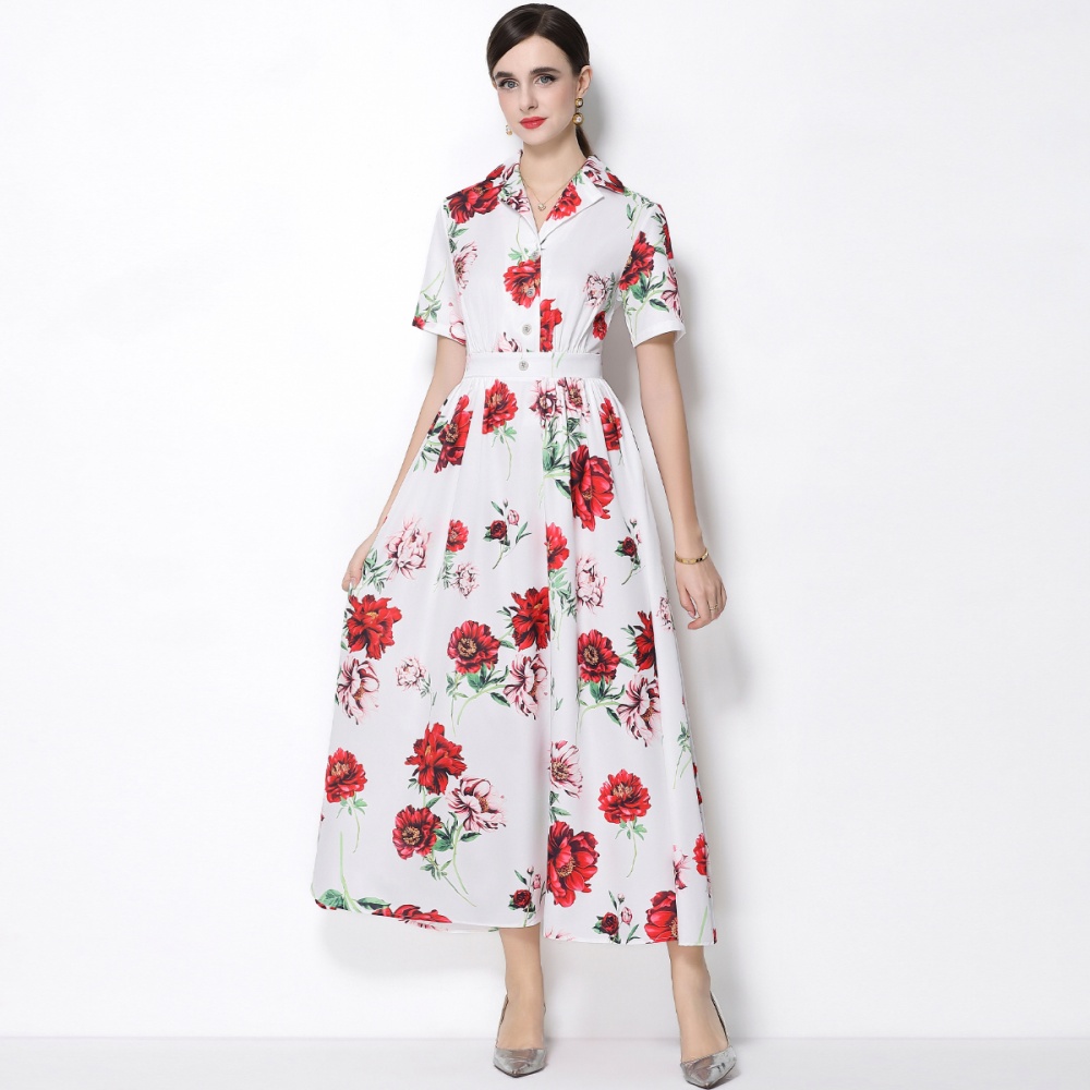 Retro flowers long dress A-line a buckle shirt