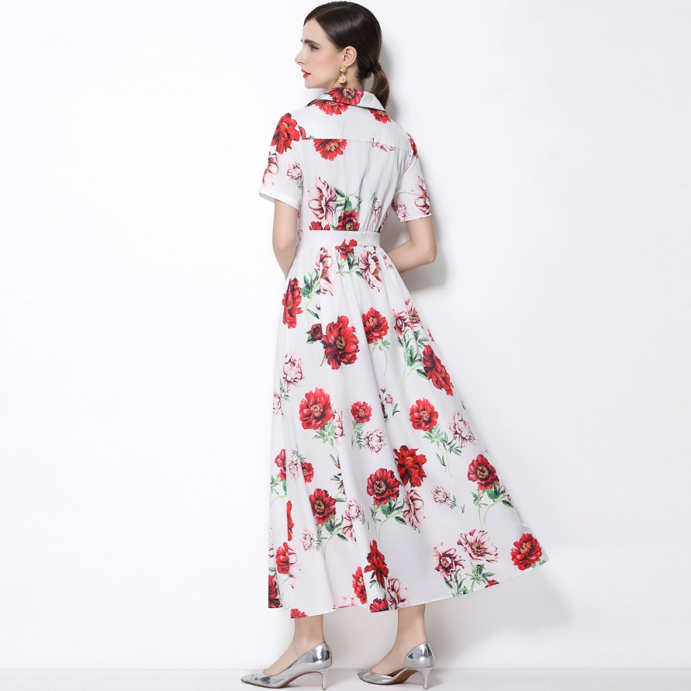 Retro flowers long dress A-line a buckle shirt