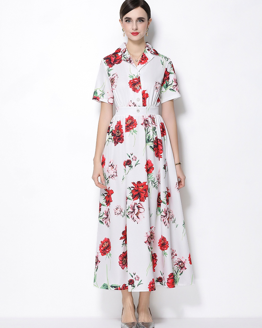 Retro flowers long dress A-line a buckle shirt