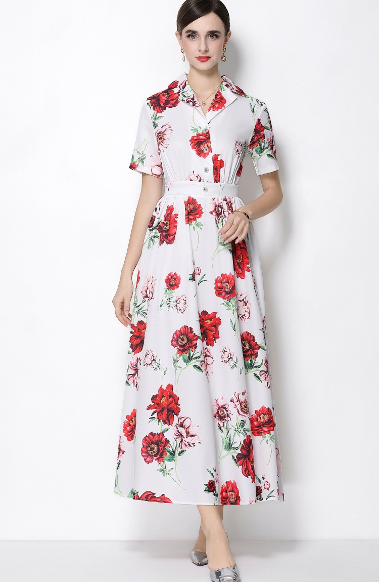 Retro flowers long dress A-line a buckle shirt