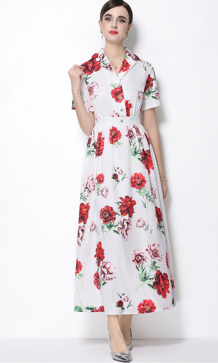 Retro flowers long dress A-line a buckle shirt