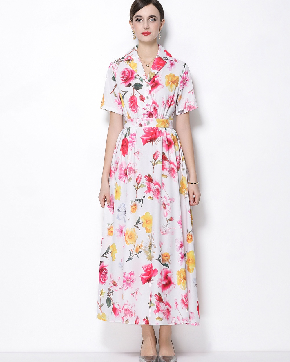 A buckle flowers short sleeve shirt A-line retro business suit