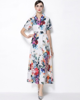 Flowers a buckle retro long dress short sleeve A-line shirt