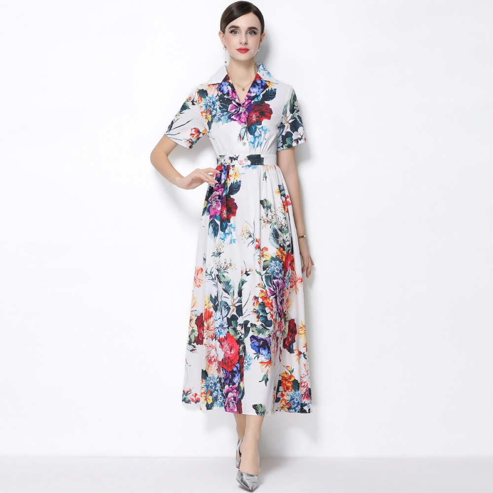 Flowers a buckle retro long dress short sleeve A-line shirt