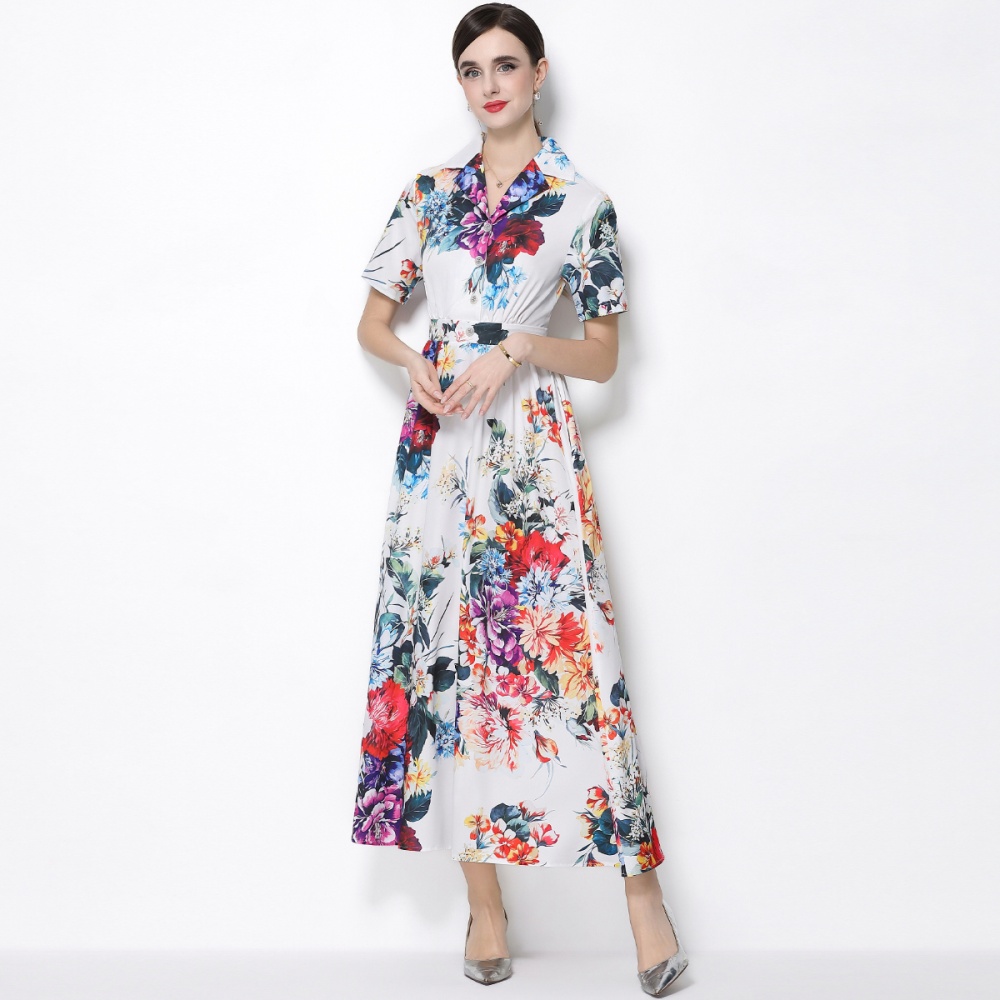 Flowers a buckle retro long dress short sleeve A-line shirt