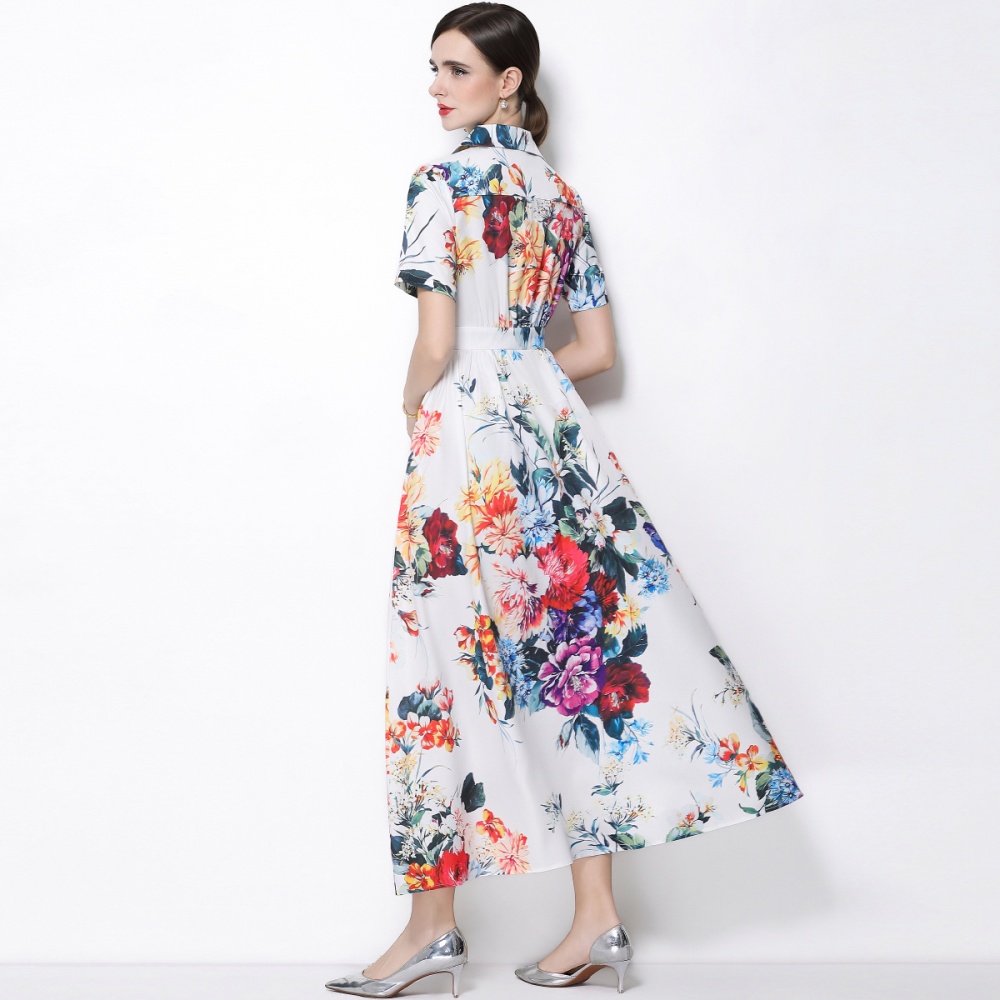 Flowers a buckle retro long dress short sleeve A-line shirt