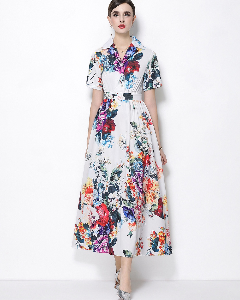 Flowers a buckle retro long dress short sleeve A-line shirt