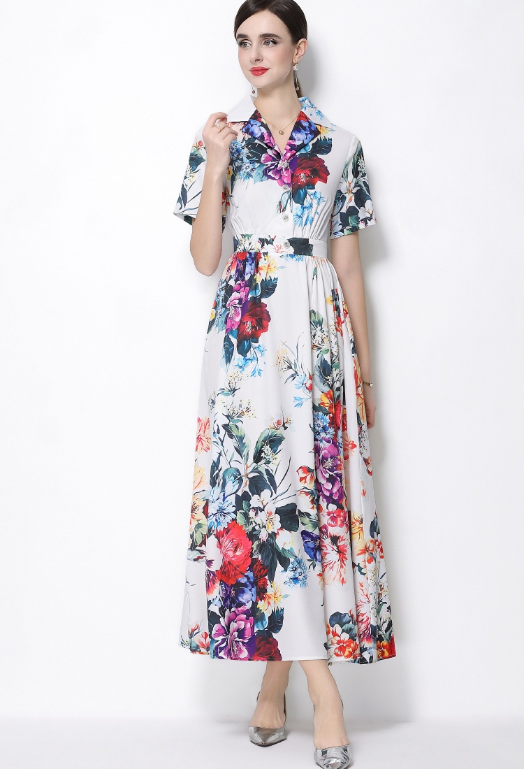Flowers a buckle retro long dress short sleeve A-line shirt