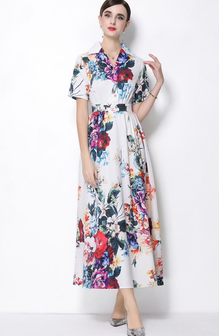 Flowers a buckle retro long dress short sleeve A-line shirt