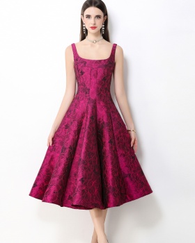 Big skirt jacquard long dress pinched waist dress for women